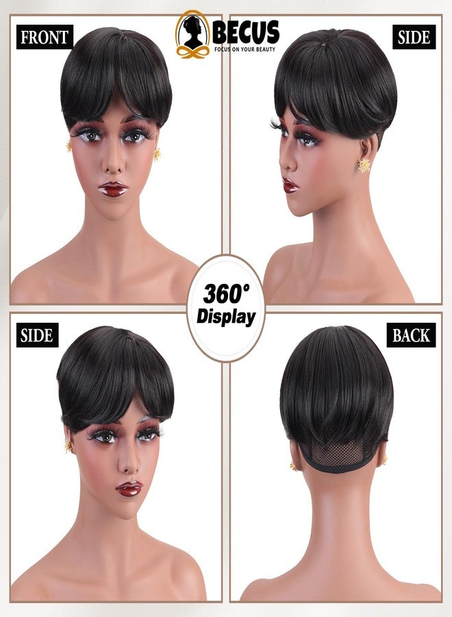 BECUS Pixie Cut Hair Toppers for Women with Bangs, Clip-On Hairpieces, Wig Toppers for Thinning Hair, Synthetic Black Hairs Pieces for Black Women, Daily Use (Black) - Image 2